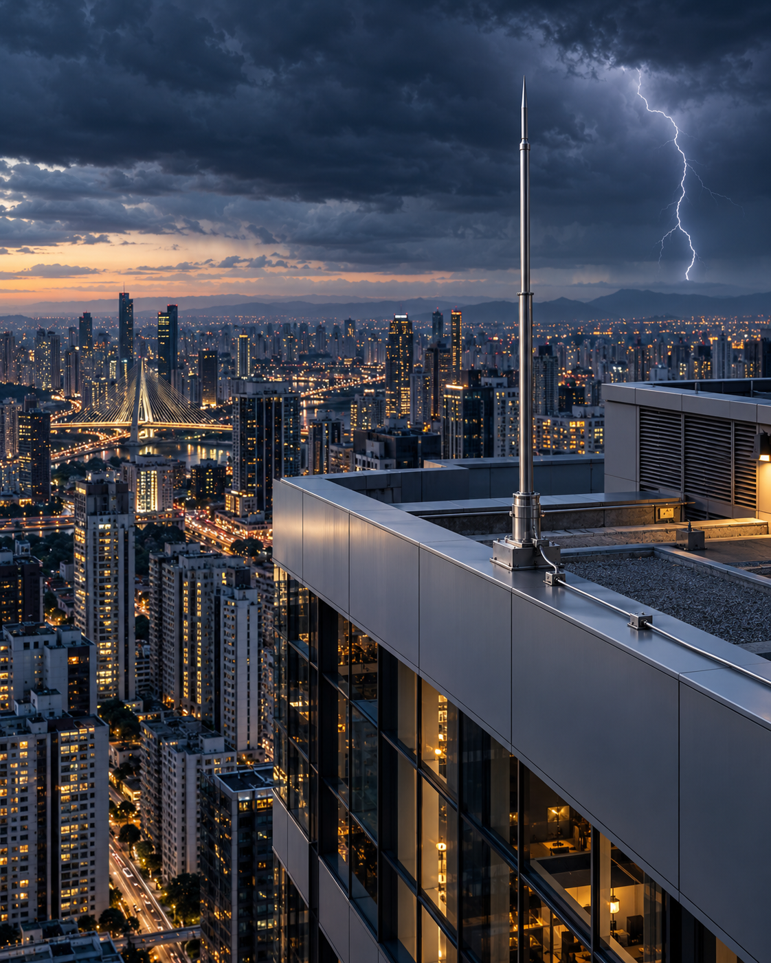 Ilustração de edificação com para-raios e tempestade ao fundo